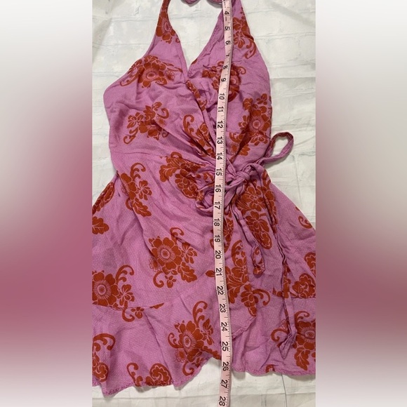 By Anthropologie Halter Neck Ruffle Wrap Mini Dress/Cover Up XXS Pink Floral - Picture 9 of 16